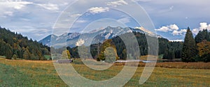 Scenic landscape of fields and mountains at Garmisch-Partenkirchen in Germany photo