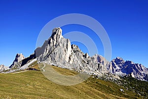 Scenic landscape of Giau Pass or Passo di Giau. Ra Gusela and Tofana di Rozes mountains in a sunny autumn day.