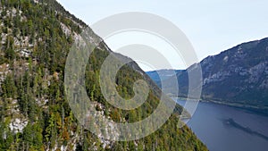Scenic landscape of Hallstattersee surrounded with mountains