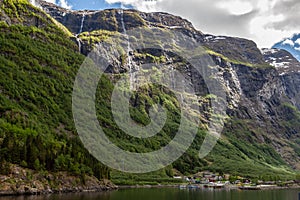 Scenic landscape of a lake and a big rocky mountain with rivers under a cloudy sky in Norway