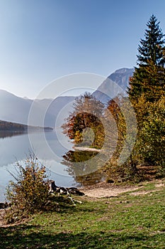 Scenic landscape in Lake Bohinj, Slovenia in autumn