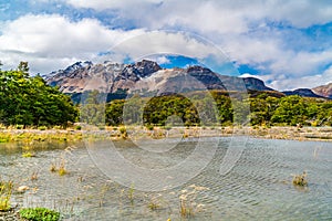 Scenic landscape of Los Glaciares National Park with beautiful mountain and river