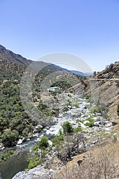 Scenic landscape at middle fork kaweah river at entrance of Sequoia tree national park near three rivers