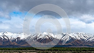 A scenic landscape of New Zealand Southern Alps