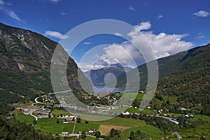 Scenic landscape picture of the small and picturesque city Flam in Norway.