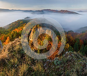 Scenic landscape in Sulov, Slovakia, on beautiful autumn sunrise with colorful leaves on trees in forest and bizarre pointy rocks