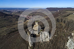 Scenic landscape of the Swabian Alb with Reussenstein Castle, Neidlingen, Germany