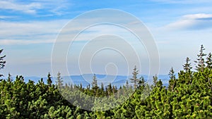 Scenic landscape of Tatra National Park with mountains in sunny spring day with blue sky nearby Zakopane village, Poland