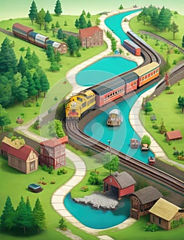 Scenic Landscape with Train and Houses Amid Lush Green Trees and Water Body