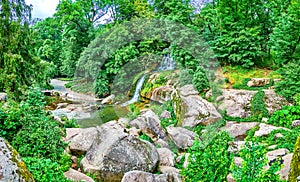 Scenic landscape of Valley of the Giants with waterfalls, Sofiyivka Park, Uman, Ukraine