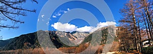 Scenic landscape view of Kamikochi National Park ,Beautiful mountain in autumn leaf with clear blue sky background