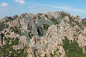 Scenic landscape view of limestone mountain with cliff in tropical forest.