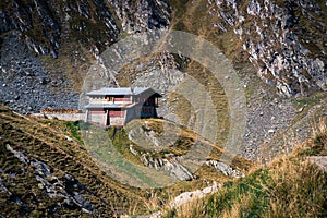 Scenic landscape view at a lonely house at the top of the mountain Transfagarasan, hotel, Romania