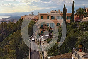 Scenic landscape view of luxury resorts in Taormina in sunny day. Famous touristic place and travel destination in Europe