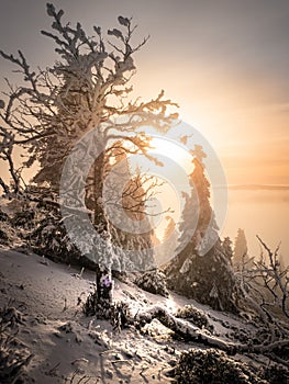 Scenic landscape with a view from a mounatin range to the valley filled with low clouds and fog during temperature inversion