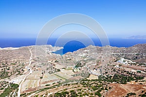 Scenic landscape view and ocean coastline on Milos island, Greec