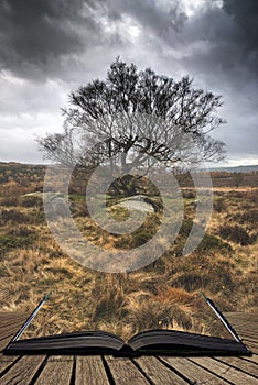 Scenic landscape view from Owler Tor in Peak District in Enlgand during Autumn Fall coming out of pages in magical story book