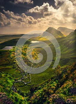 Scenic landscape view of Quiraing mountains in Isle of Skye, Scotland, UK