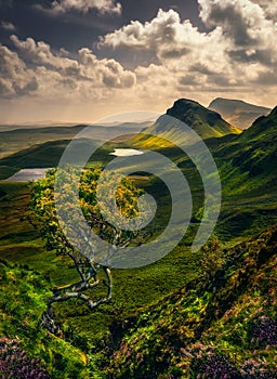 Scenic landscape view of Quiraing mountains in Isle of Skye, Scotland, UK