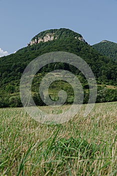 Malebný pohled na krajinu ze skalnatého útesu nad svěží zelenou loukou v Čičmanech, Slovensko