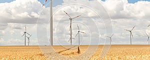 Scenic landscape view of wheat field harvest and big modern wind turbine mill farm against beautiful clouds blue sky