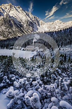 Scenic landscape view of winter mountains and cottage, Slovakia