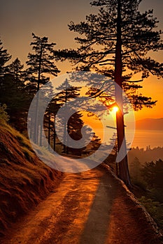 scenic landscape with a wavy path winding through a hillside adorned with trees, leading to a great sunset.