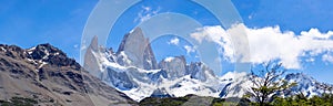 Scenic landscapes of Mount Cerro Fitz Roy in Patagonia near El Chalten, El Calafate and lake Capri