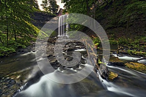 Scenic landscapes of waterfalls and cascades over rocks and moss in the Niagara region of Ontario Canada