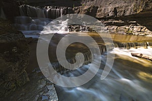 Scenic landscapes of waterfalls and cascades over rocks and moss in the Niagara region of Ontario Canada