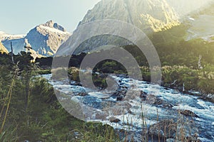 Scenic lookout of Hollyford Valley at Monkey Creek on Milford Road to Milford Sound