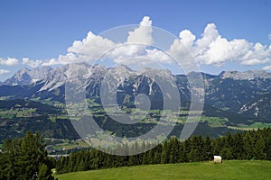 scenic lush green alpine landscape of the Schladming-Dachstein region in Austria (Styria)