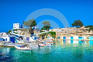 Scenic Mandrakia village traditional Greek village by the sea, the Cycladic-style with sirmata.