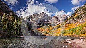 Scenic Maroon bells landscape surrounded with Fall foliage in Colorado