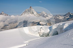 Scenic Matterhorn peak as seen from Breithorn glacier above Zermatt