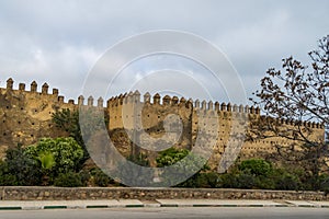 Scenic medieval city wall in Fes, Morocco.