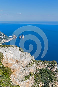 Scenic Mediterranean landscape above dramatic Faraglioni Rocks on the island of Capri, Italy