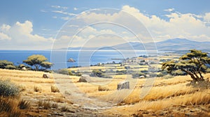 Scenic Mediterranean Landscape: Greek Island With Wheat Fields And Ocean View