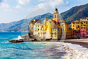 Scenic Mediterranean riviera coast. Camogli, Italy.