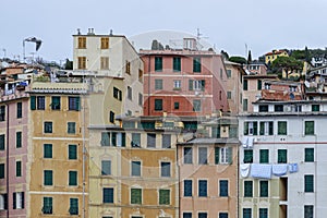 Scenic Mediterranean riviera coast. Panoramic view of Camogli to