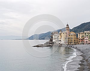 Scenic Mediterranean riviera coast. Panoramic view of Camogli to
