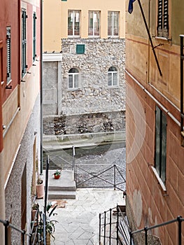 Scenic Mediterranean riviera coast. Panoramic view of Camogli to