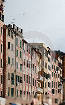 Scenic Mediterranean riviera coast. Panoramic view of Camogli to