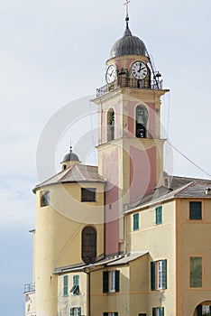 Scenic Mediterranean riviera coast. Panoramic view of Camogli to