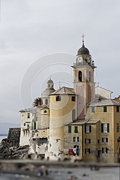 Scenic Mediterranean riviera coast. Panoramic view of Camogli to