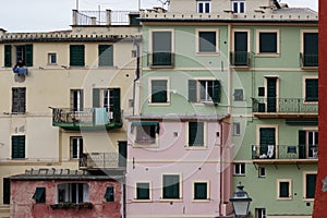 Scenic Mediterranean riviera coast. Panoramic view of Camogli to