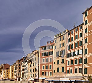 Scenic Mediterranean riviera coast. Panoramic view of Camogli town in Liguria