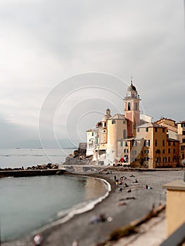 Scenic Mediterranean riviera coast. Panoramic view of Camogli town in Liguria