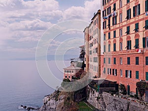 Scenic Mediterranean riviera coast. Panoramic view of Camogli town in Liguria