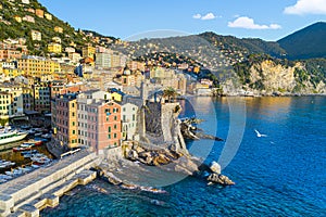 Scenic Mediterranean riviera coast. Panoramic view of Camogli town in Liguria, Italy